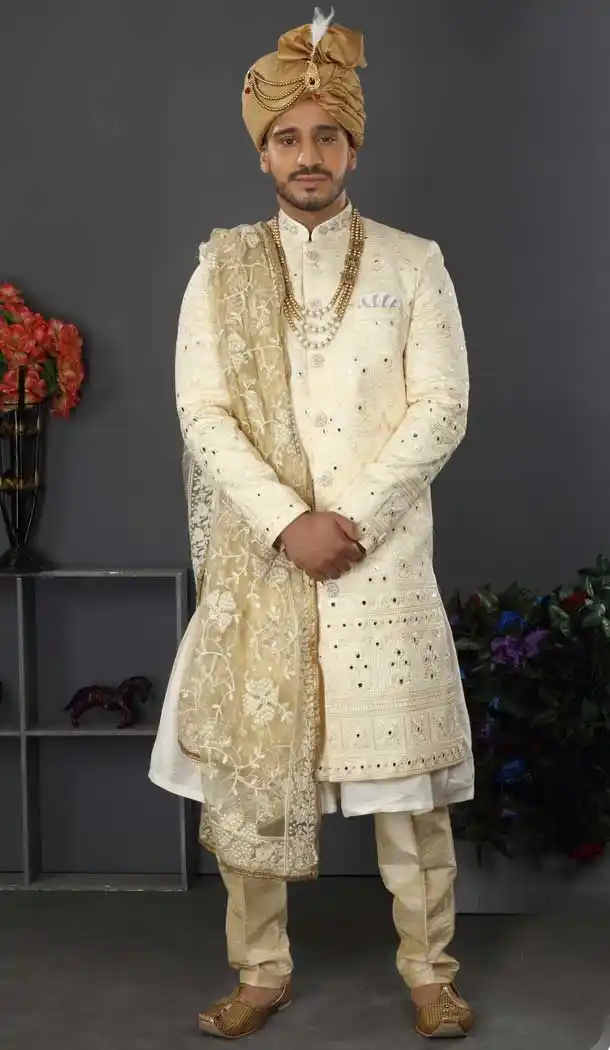 Stunning Cream Color Lakhnowi Silk Designer Men's Wedding Wear Sherwani - 2802142201