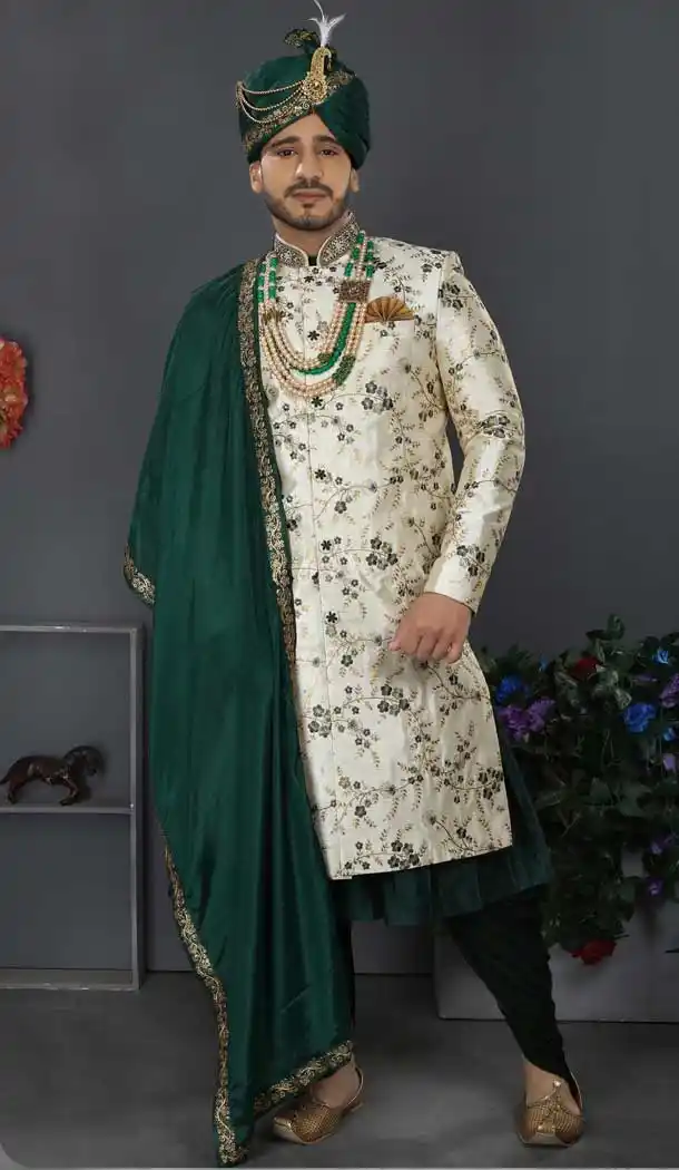 Elegant White Color Jacquard Art Silk Designer Men's Wedding Wear Sherwani - 2802142202