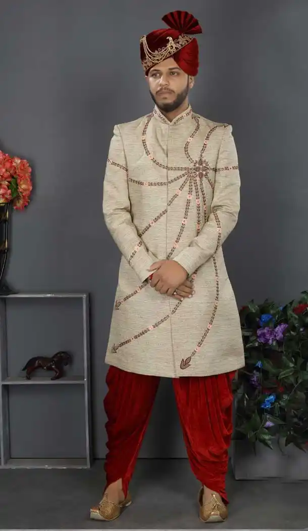 Elegant Cream Color Lakhnowi Silk Designer Men's Wedding Wear Sherwani - 2802142203