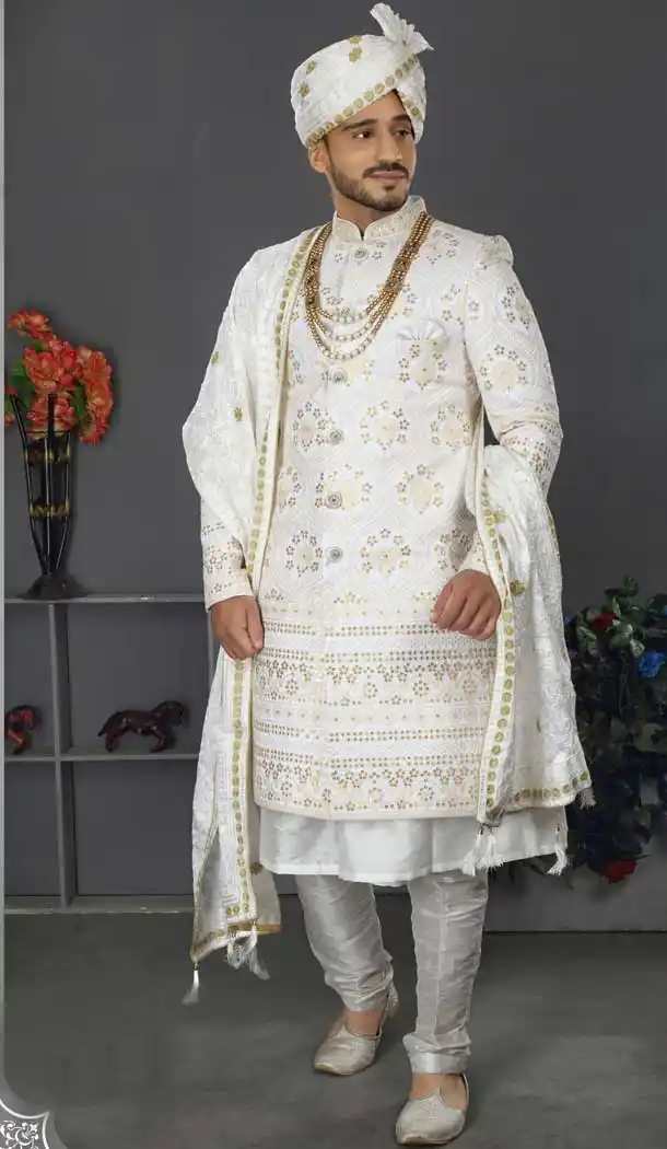 Adorable White Color Lakhnowi Silk Designer Men's Wedding Wear Sherwani - 2802142204