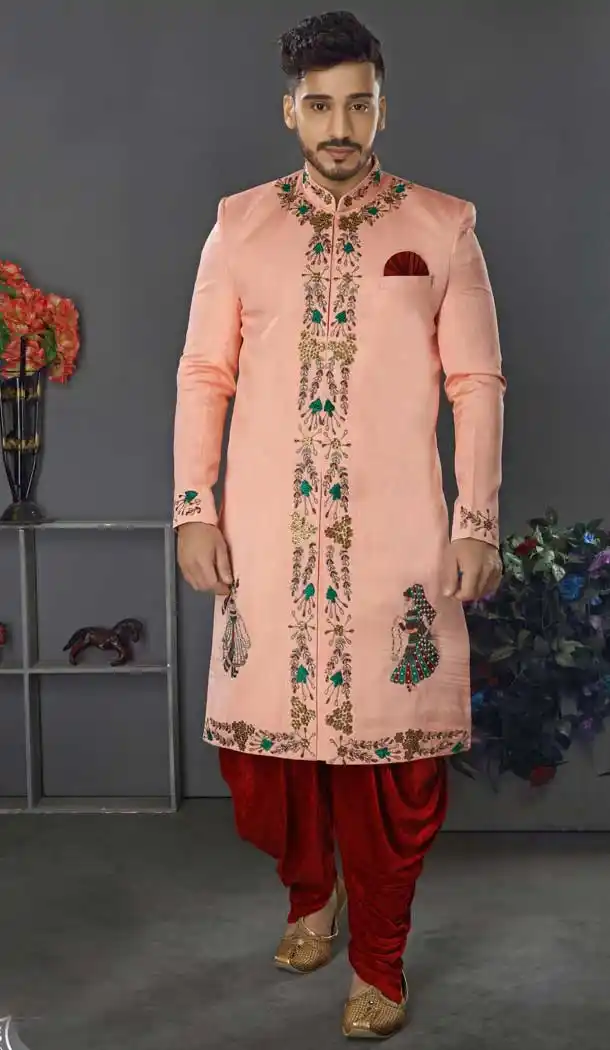 Adorable Peach Color Lakhnowi Silk Designer Men's Wedding Wear Sherwani - 2802142205
