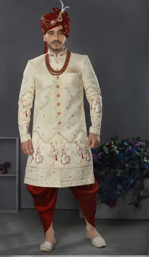 Adorable Cream Color Lakhnowi Silk Designer Men's Wedding Wear Sherwani - 2802142206