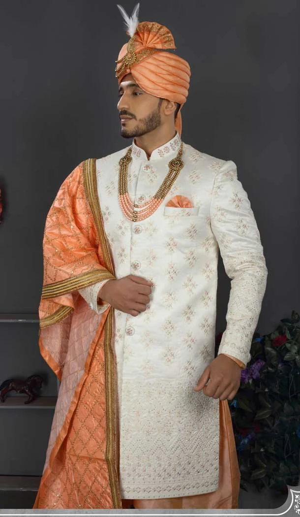 Appealing White Color Lakhnowi Silk Designer Men's Wedding Wear Sherwani - 2802142207