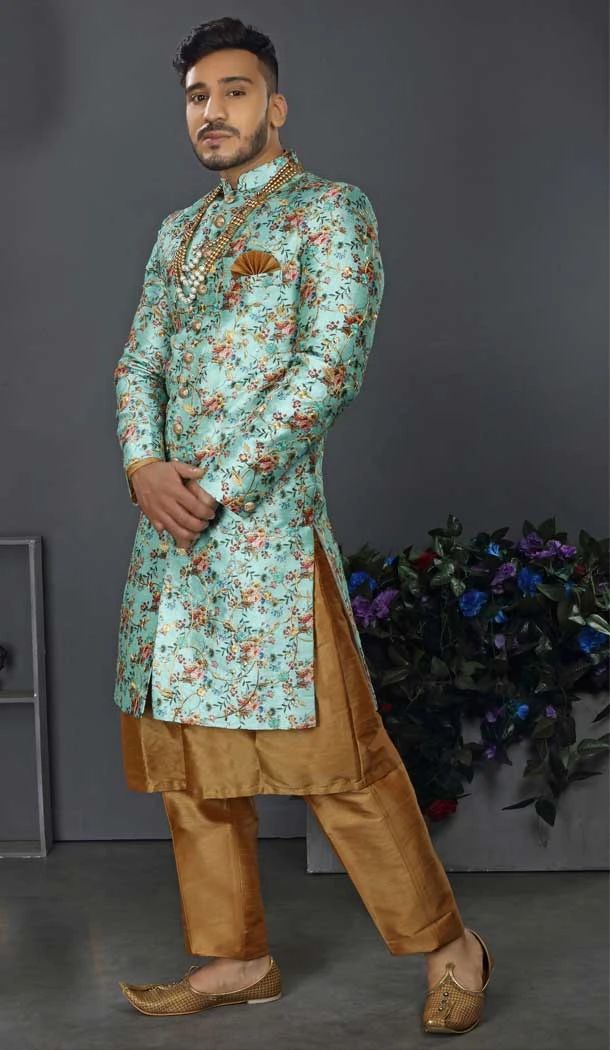 Multi Color Jacquard Art Silk Designer Men's Wedding Wear Sherwani - 2802142208