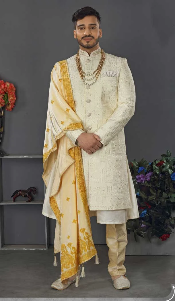 Appealing Cream Color Lakhnowi Silk Designer Men's Wedding Wear Sherwani - 2802142209