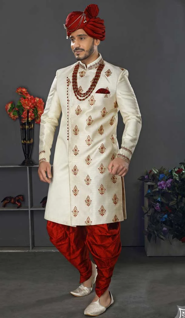 Dashing Cream Color Lakhnowi Silk Designer Men's Wedding Wear Sherwani - 2802142211