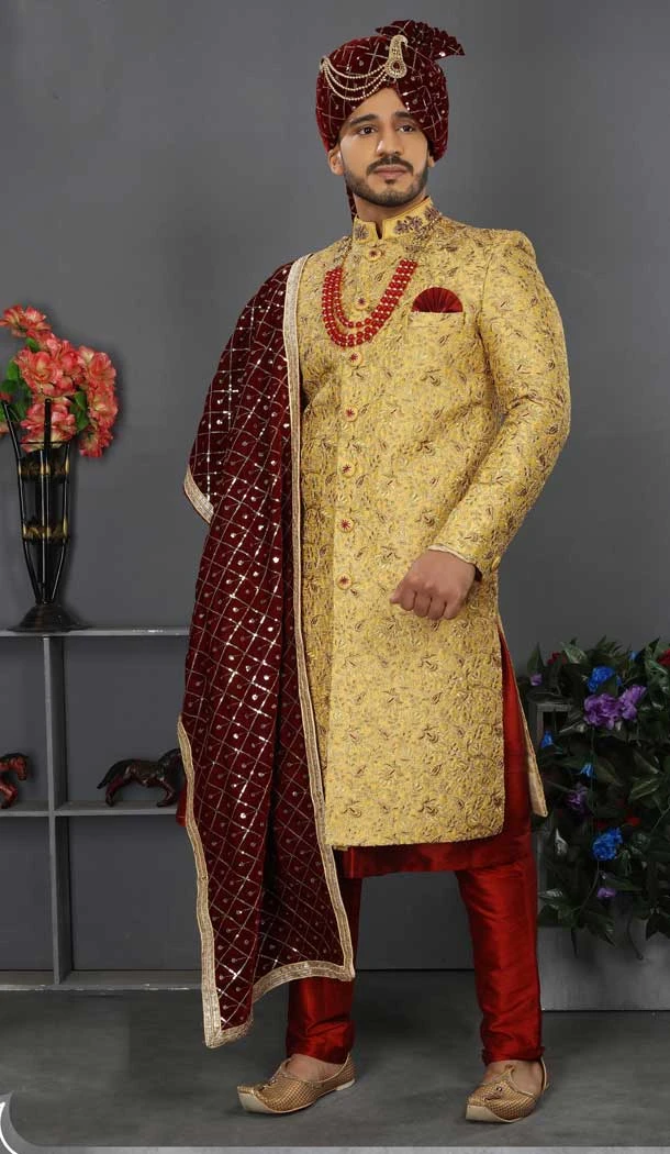 Gold Color Jacquard Art Silk Designer Men's Wedding Wear Sherwani - 2802142215