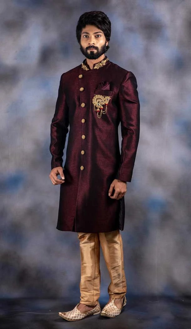 Wine Color Imported Silk Wedding Wear Mens Indo western - 2804142254