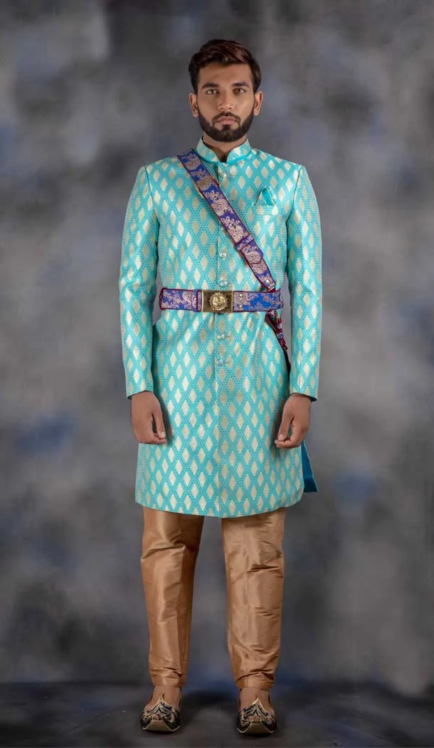 Sky Blue Color Jacquard Silk Wedding Wear Mens Indo western - 2804142259