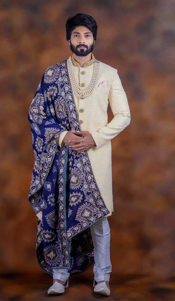 Wonderful Cream Color Lucknowi Silk Wedding Wear Mens Indo western - 2804142260
