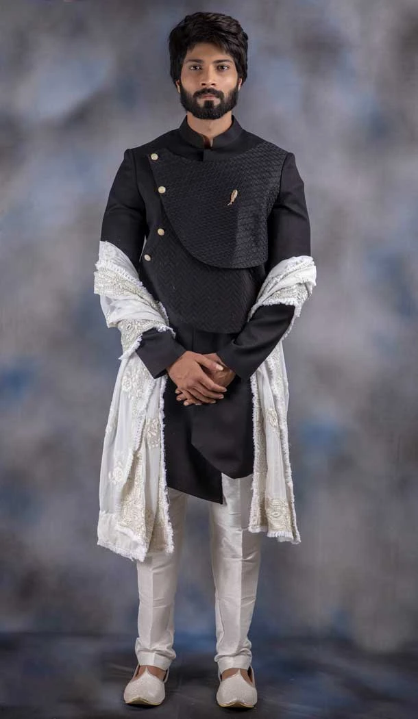 Black Color Imported Art Silk Wedding Wear Men's Indo western - 2804142261