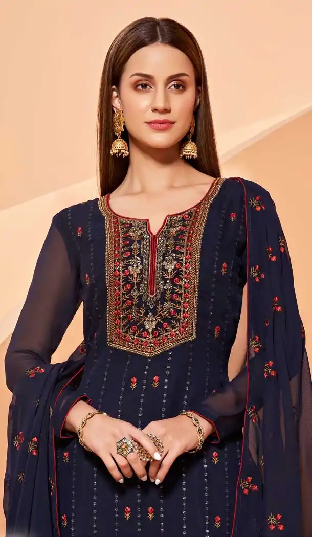 Dark Blue Color Pure Georgette Designer Party Wear Plus Size Sharara Suit - 2823142421