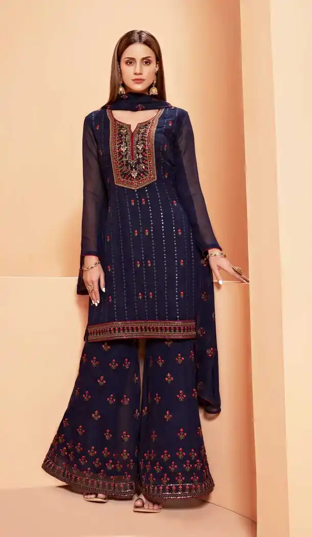 Dark Blue Color Pure Georgette Designer Party Wear Plus Size Sharara Suit - 2823142421