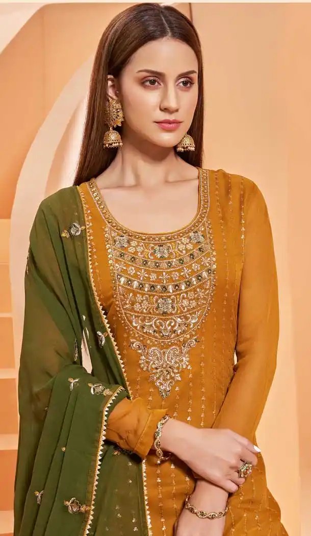 Mustard Color Alizeh Pure Georgette Designer Party Wear Plus Size Sharara Suit - 2823142422