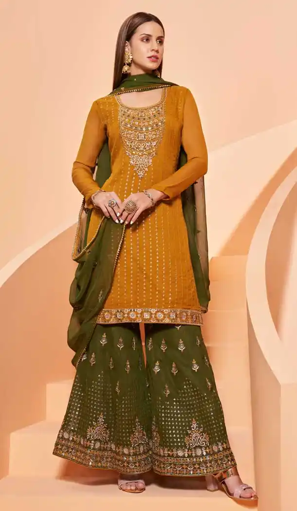 Mustard Color Alizeh Pure Georgette Designer Party Wear Plus Size Sharara Suit - 2823142422