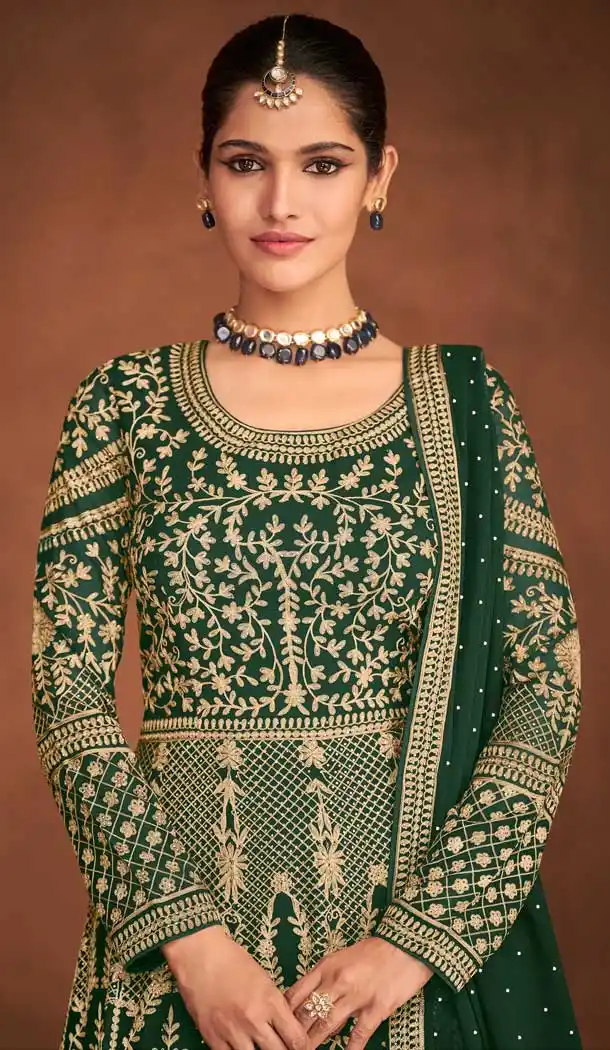 Dark Green Color Real Georgette Designer Wedding Wear Anarkali Suit - 2824142425