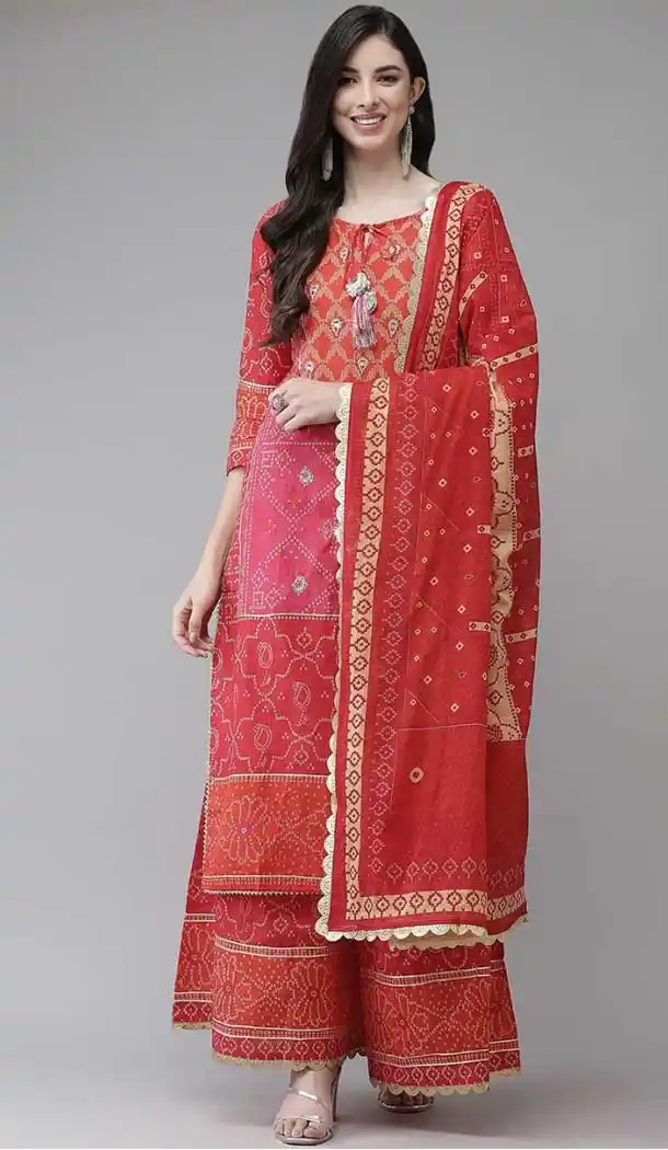 Bright Red Color Cotton Party Wear Readymade Suit - 2831142458
