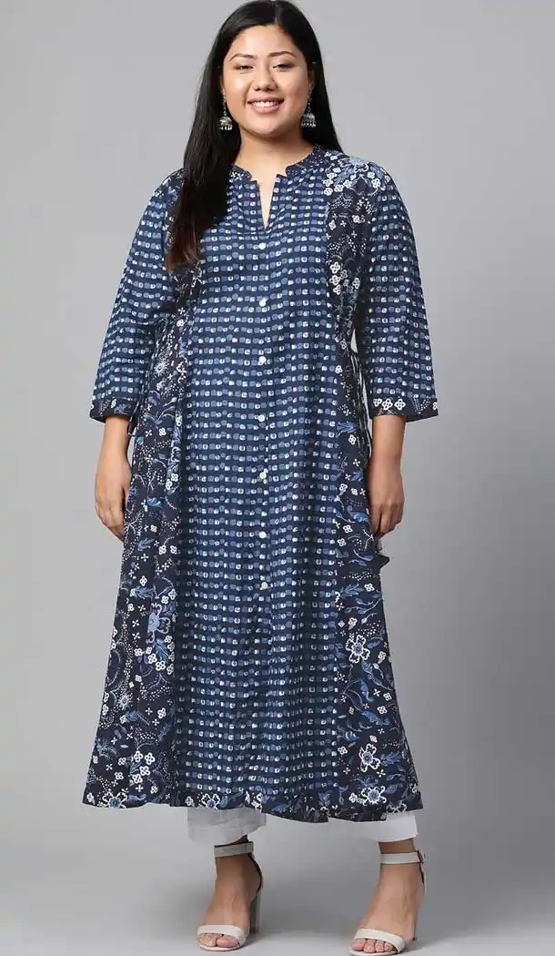 Navy Blue & Color Cotton Casual Office Wear Plus Size Women Kurti - 2837142588