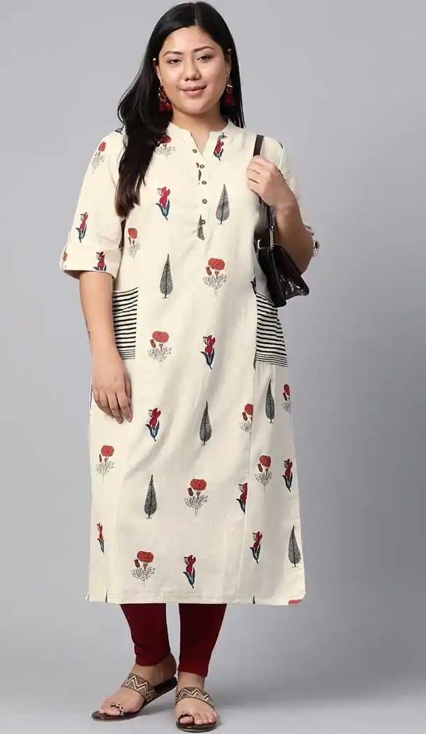 Off White & Red Color Cotton Casual Office Wear Plus Size Women Kurti - 2837142592