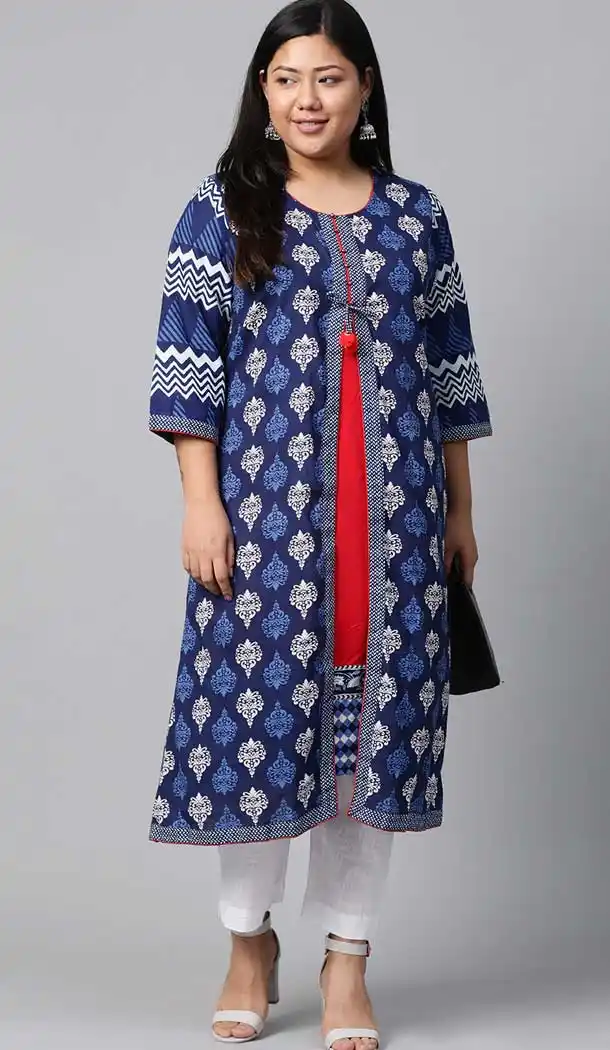 Amazing Blue & White Color Cotton Casual Office Wear Plus Size Women Kurti - 2837142593