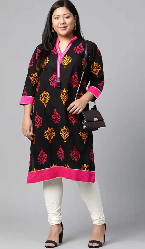Black & Pink Color Cotton Casual Office Wear Plus Size Women Kurti - 2837142594