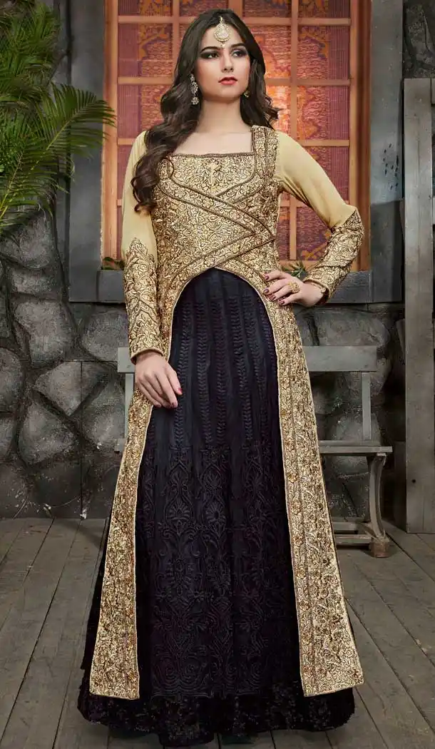 Gold & Black Color Pure Georgette Designer Party Wear Anarkali Suit - 2887142999