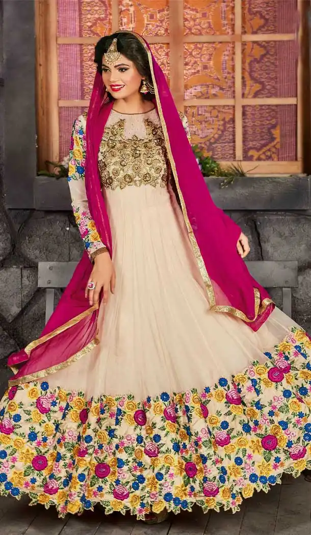 Creme Color Pure Georgette Designer Party Wear Anarkali Suit - 2887143002