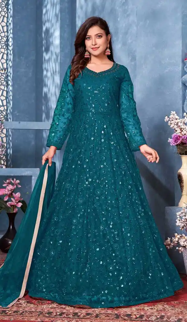Teal Blue Color Net Wedding Party Wear Women Anarkali Gown Dress -2908143129