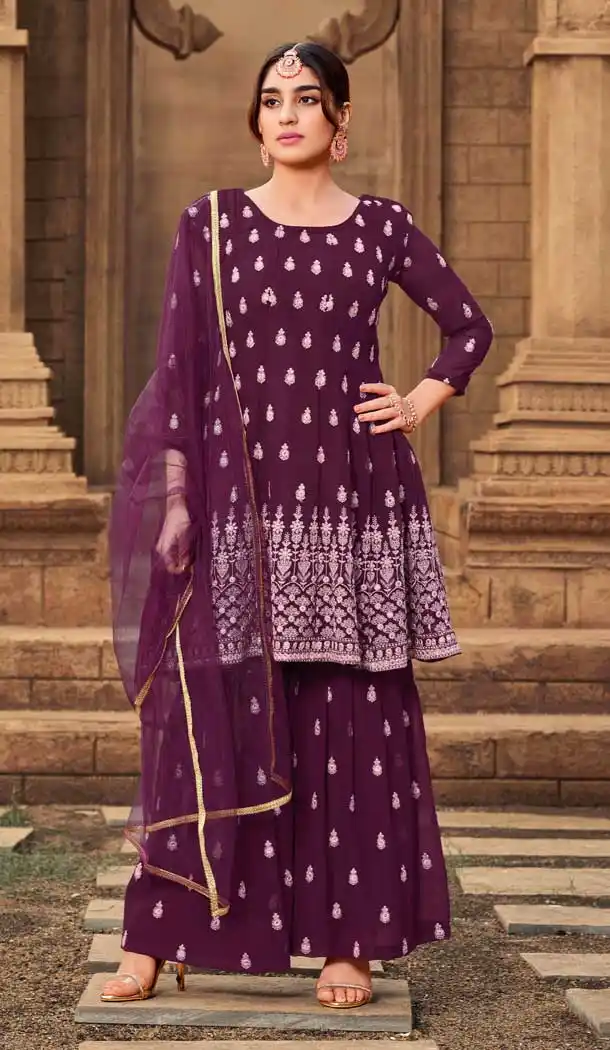 Wine Color Heavy Georgette Party Wear Designer Sharara Style Suit -2909143131