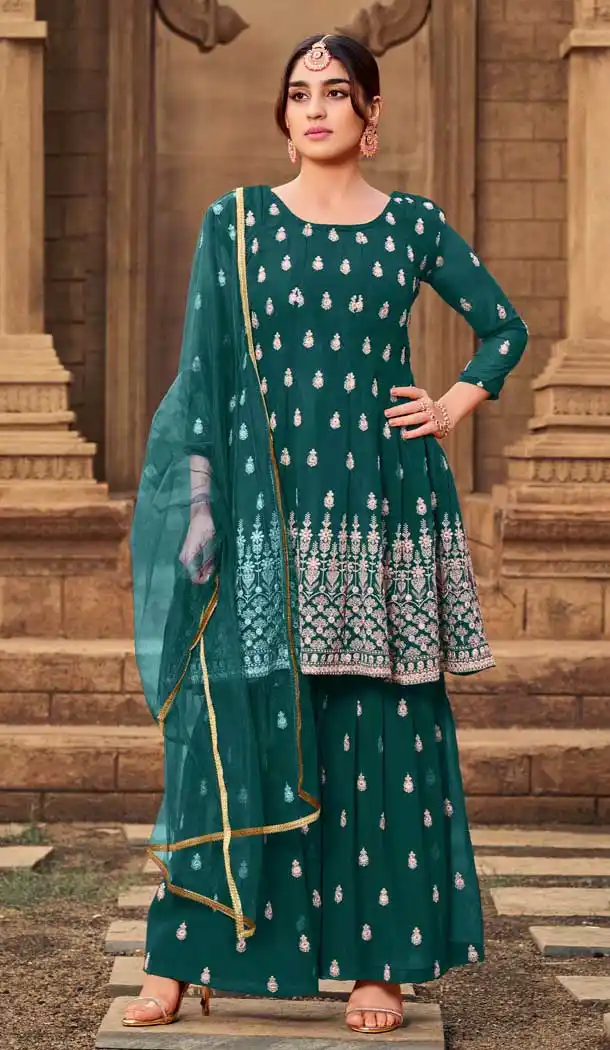 Teal Green Color Heavy Georgette Party Wear Designer Sharara Style Suit -2909143132
