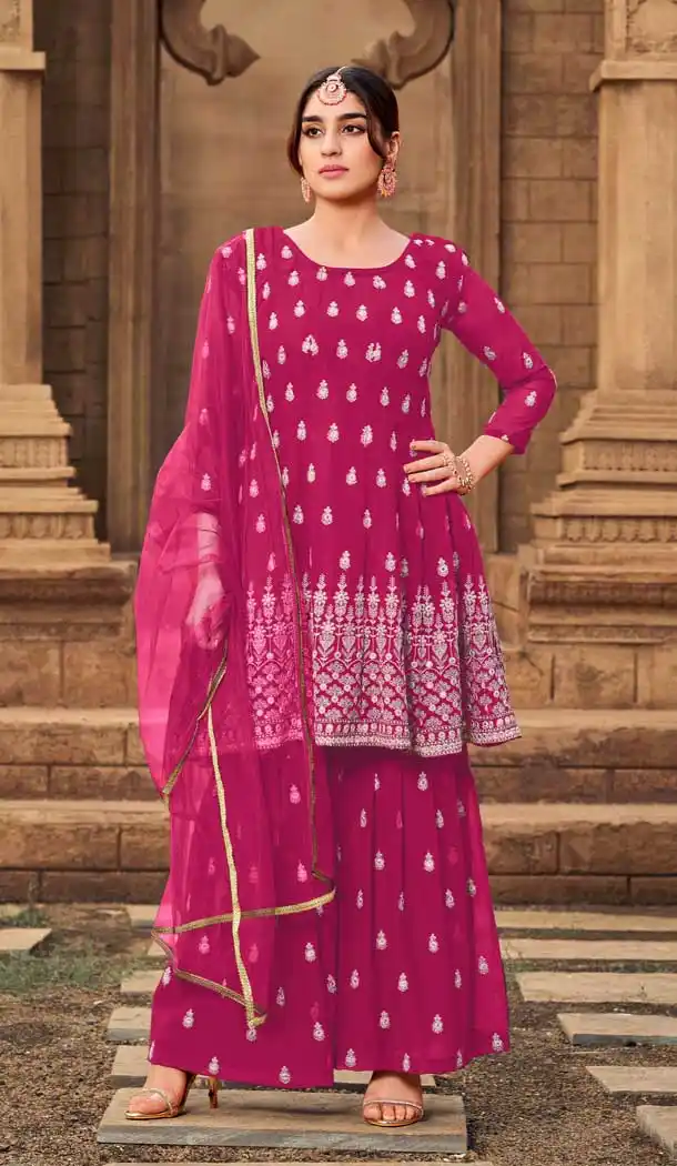 Rani Pink Color Heavy Georgette Party Wear Designer Sharara Style Suit -2909143133