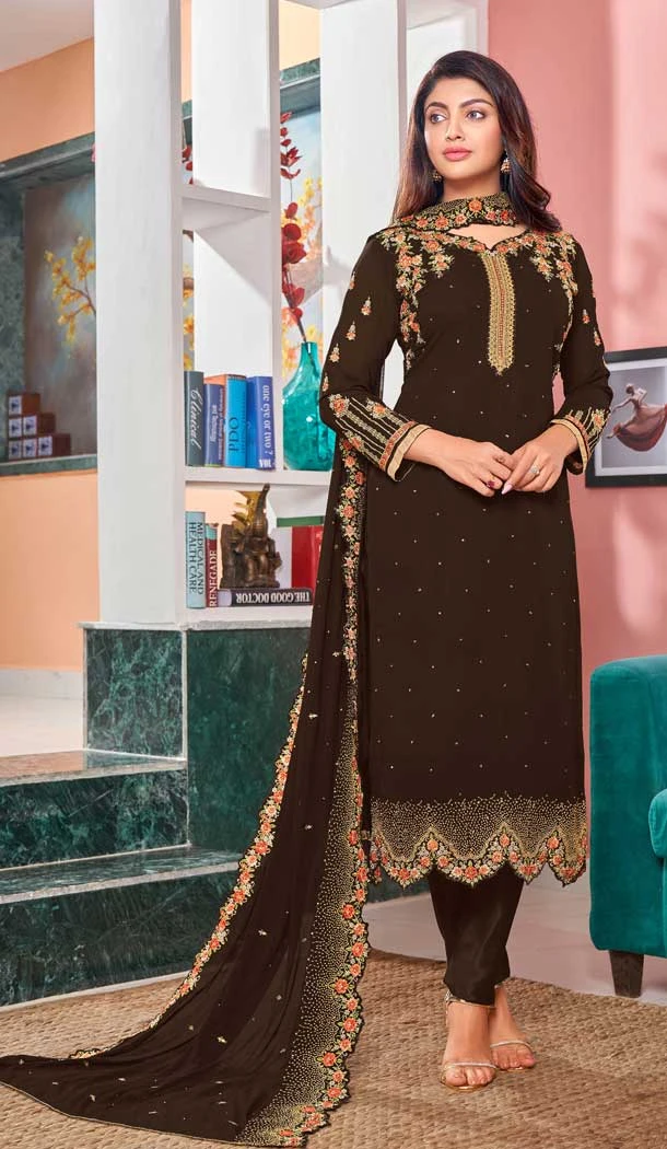 Brown Color Heavy Fox Georgette Embroidery Party Wear Salwar Suit -2924143226