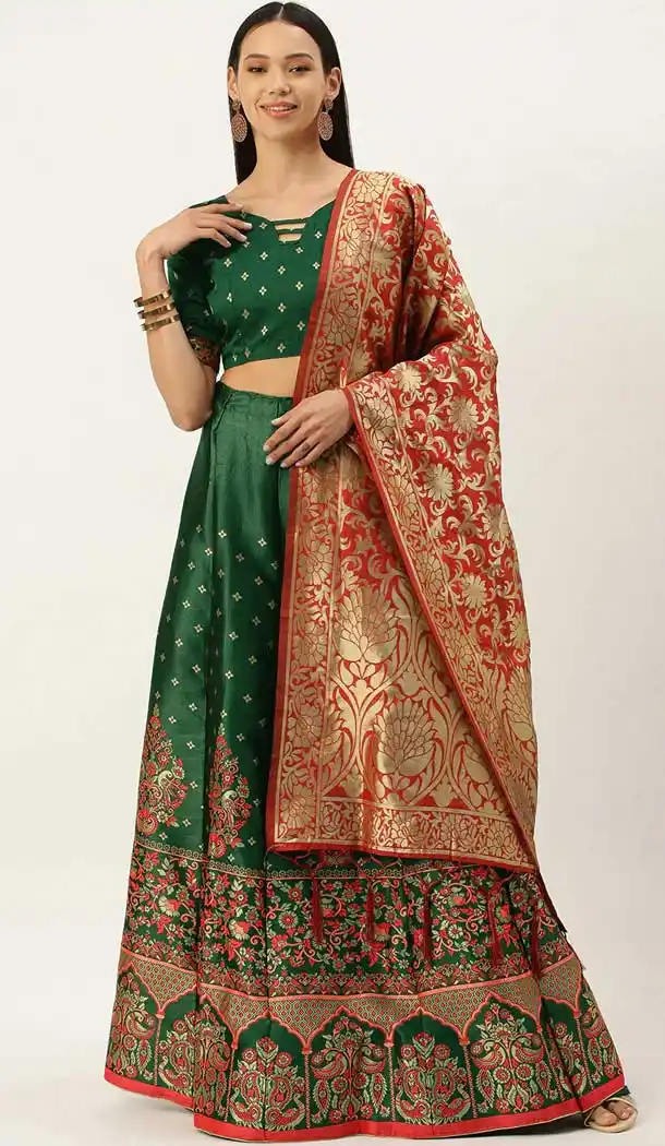 Green Red Color Jacquard Silk Traditional Wear Girls Lehenga Choli -2505139781