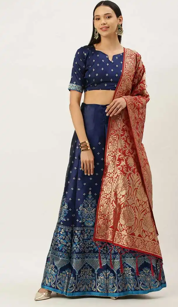 Navy Blue Color Jacquard Silk Traditional Wear Girls Lehenga Choli -2505139782