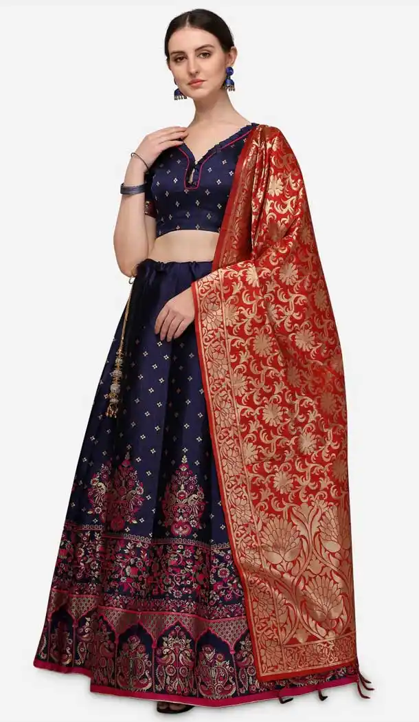 Beautiful Blue Red Color Jacquard Silk Traditional Wear Girls Lehenga Choli -2505139784