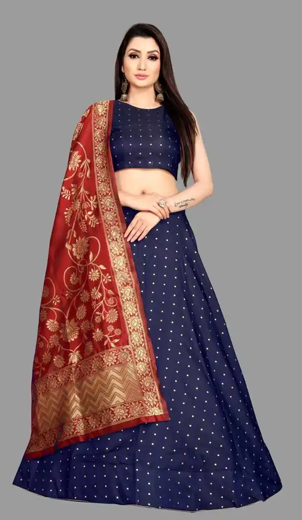 Dazzling Diva Navy Blue Color Jacquard Silk Traditional Wear Girls Lehenga Choli -2505139787