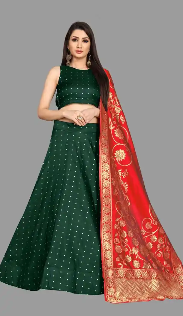 Majestic Green Color Jacquard Silk Traditional Wear Girls Lehenga Choli -2505139788