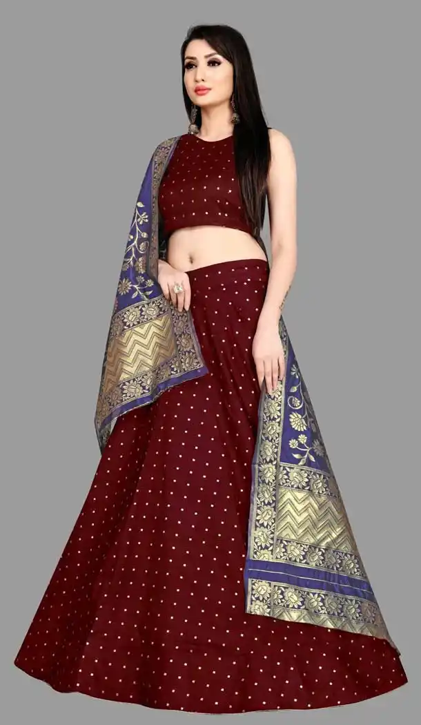 Ethnic Maroon Color Jacquard Silk Traditional Wear Girls Lehenga Choli -2505139789