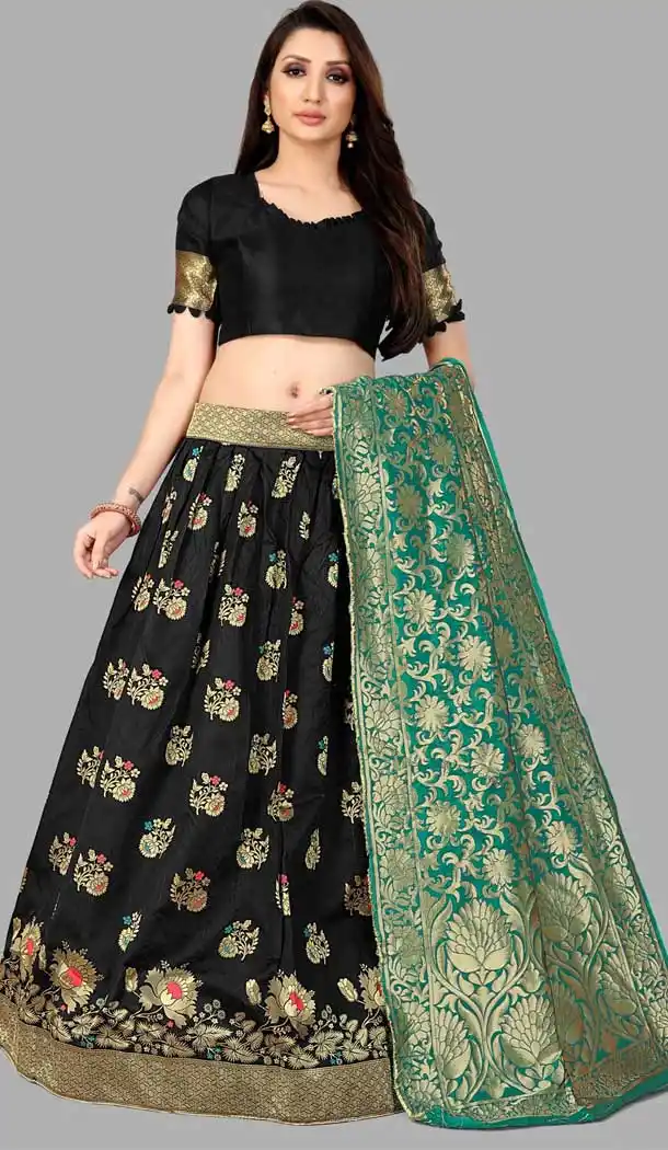 Elegant Black Color Jacquard Silk Traditional Wear Girls Lehenga Choli -2505139792
