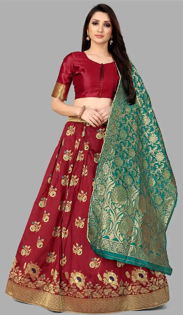 Aesthetic Maroon Color Jacquard Silk Traditional Wear Girls Lehenga Choli -2505139796