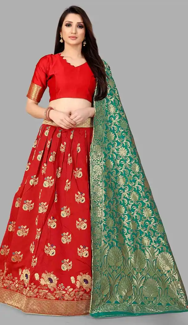 Fascinating Red Color Jacquard Silk Traditional Wear Girls Lehenga Choli -2505139797