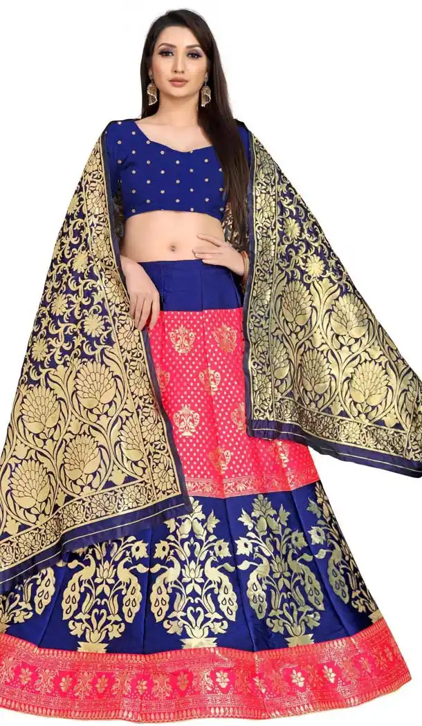 Charming Blue Pink Color Jacquard Silk Traditional Wear Girls Lehenga Choli -2505139798