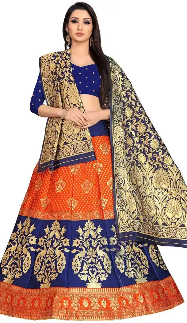 Blue Orange Color Jacquard Silk Traditional Wear Girls Lehenga Choli -2505139799