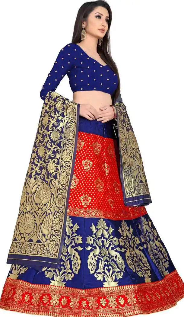 Attractive Blue Red Color Jacquard Silk Traditional Wear Girls Lehenga Choli -2505139801