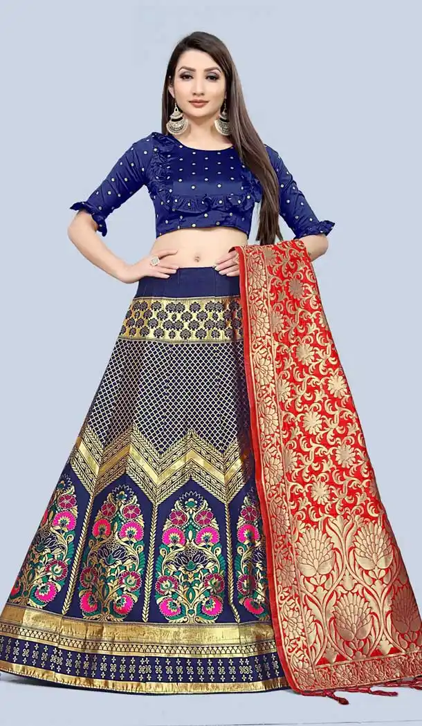 Enigmatic Navy Blue Color Jacquard Silk Traditional Wear Girls Lehenga Choli -2505139802