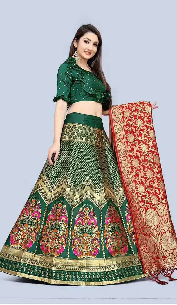 Classy Dark Green Color Jacquard Silk Traditional Wear Girls Lehenga Choli -2505139804