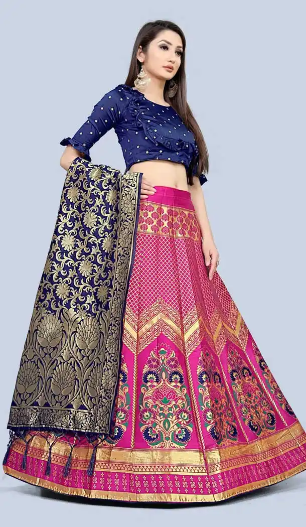 Chic Pink Color Jacquard Silk Traditional Wear Girls Lehenga Choli -2505139805