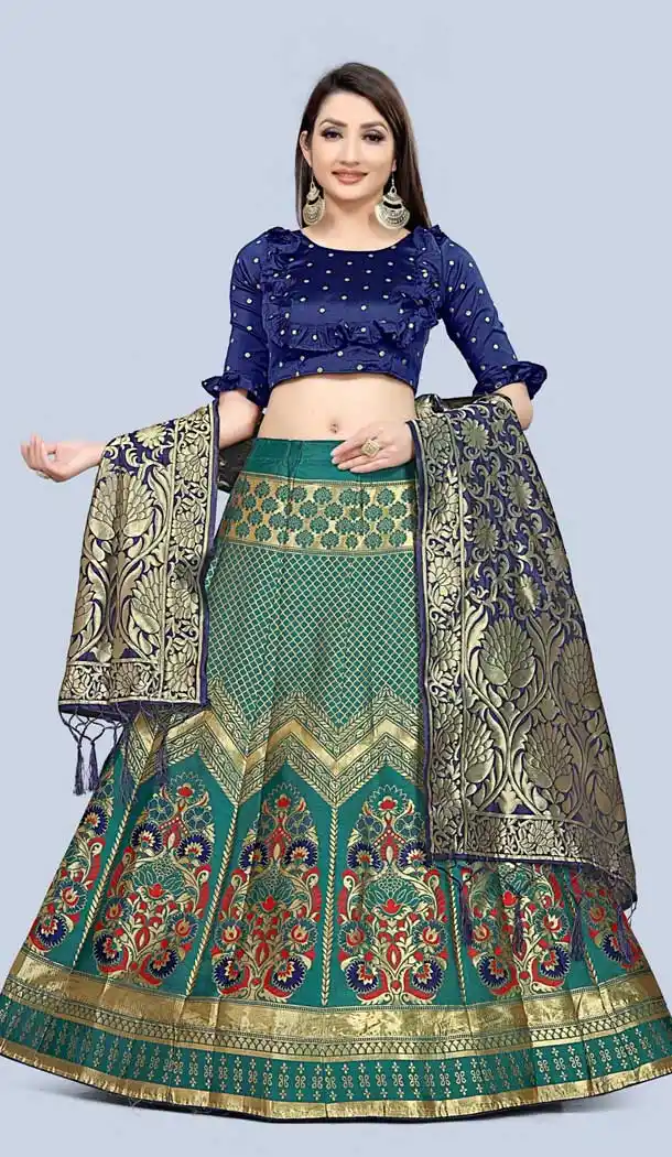 Beautiful Teal Green Color Jacquard Silk Traditional Wear Girls Lehenga Choli -2505139806