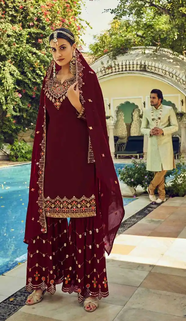 Maroon Color Georgette EID Special Pakistani Designer Sharara Suit -2927143239