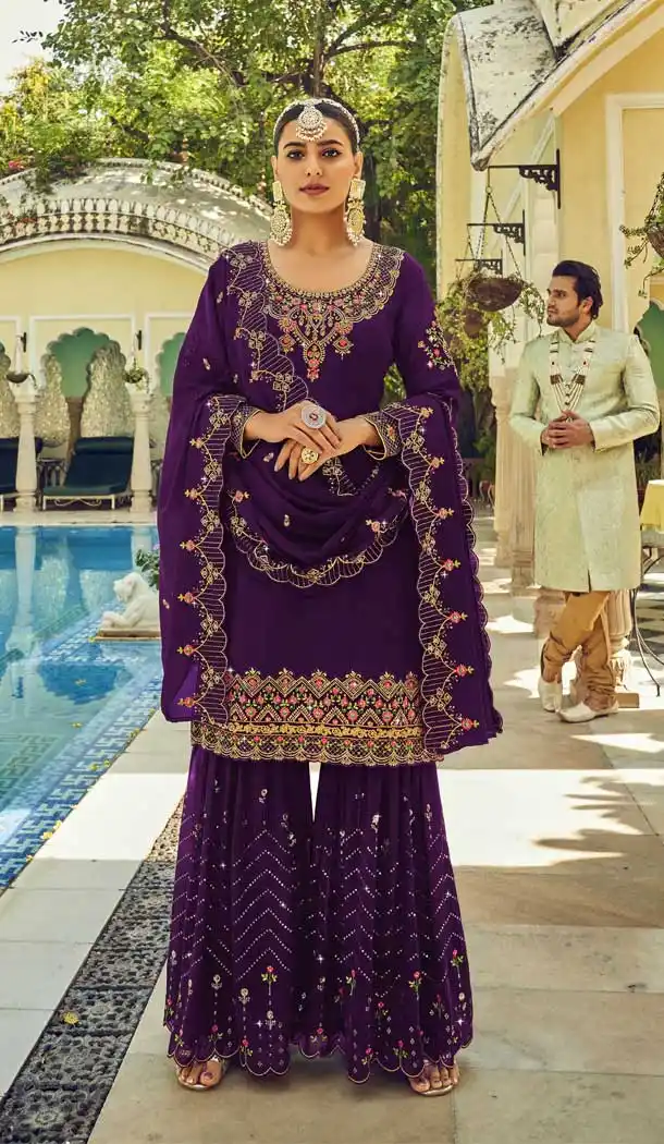 Charming Purple Color Georgette EID Special Pakistani Designer Sharara Suit -2927143243